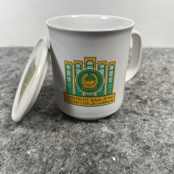 Dubai Police Officers Club Ceramic Coffee Mug & Lid Coaster Green Yellow Logo - Picture 3 of 16